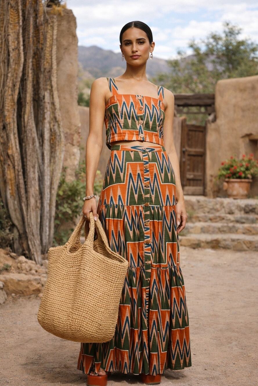 Veronica Beard Set Sundance Maxi Skirt Tiffany Crop Top Large Linen Southwest